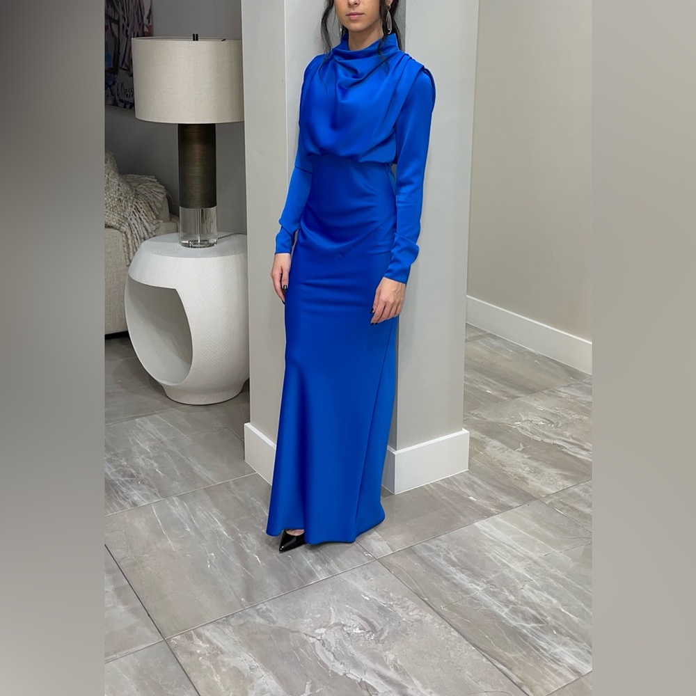 High neck drape satin maxi dress